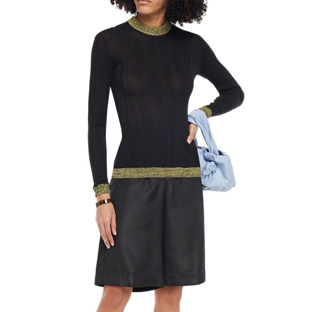 GANNI Ribbed Cotton Blend Sweater Black Metallic Contrast Trim
